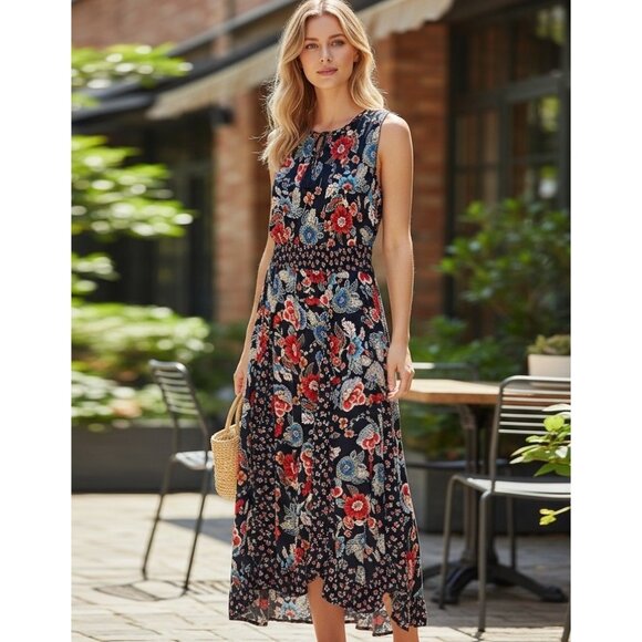 Bila XXL Navy Floral Boho Handkerchief Hem Maxi Dress 100% Rayon NWT Resort Wear - Picture 1 of 11